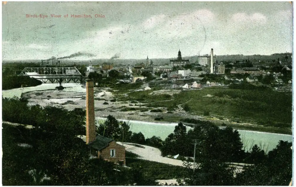 Bird's-eye view lithograph postcard of Hamilton Ohio