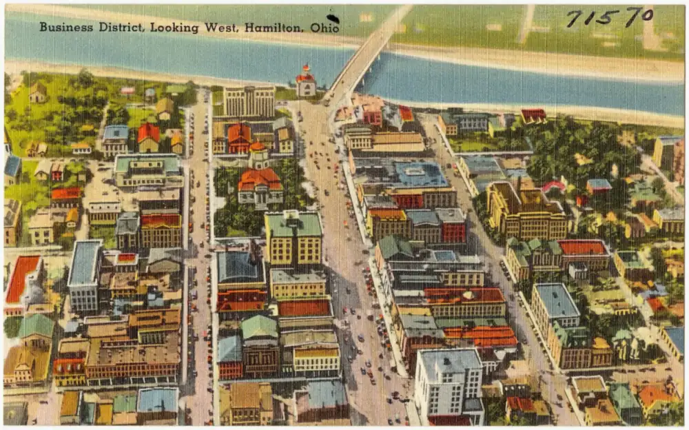 Linen postcard of the Hamilton business district looking west