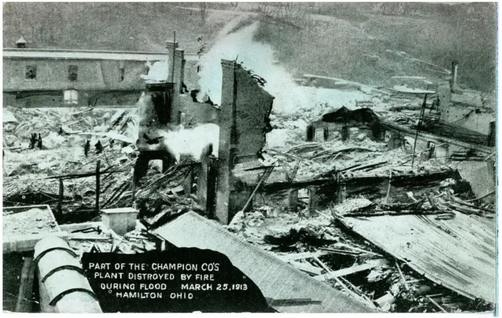 Photograph of part of the Champion paper plant destroyed by fire during the 1913 flood
