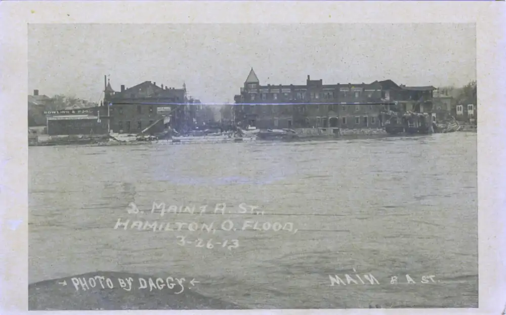 Composite postcard of views of the Hamilton flood