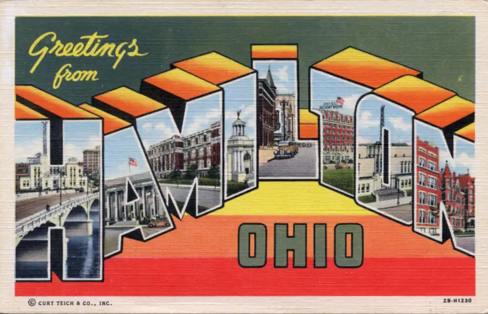 Large-letter souvenir postcard reading Greetings from Hamilton Ohio