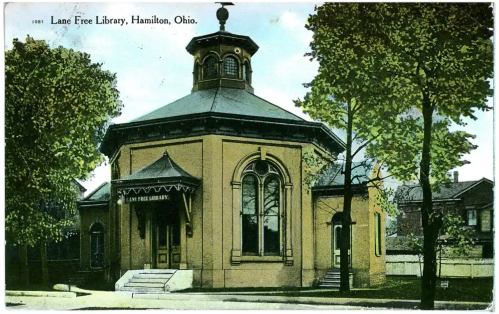 Postcard of the octagonal Lane Free Library building