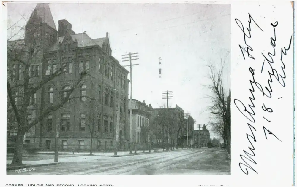 Postcard of the corner of Ludlow and Second Streets looking north