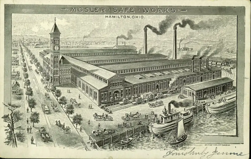 Postcard of the Mosler Safe Works factory buildings