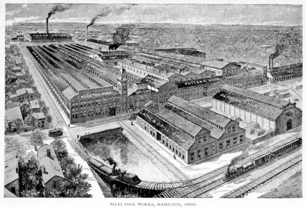 1896 engraving of the interior of the Niles Tool Works machine shop