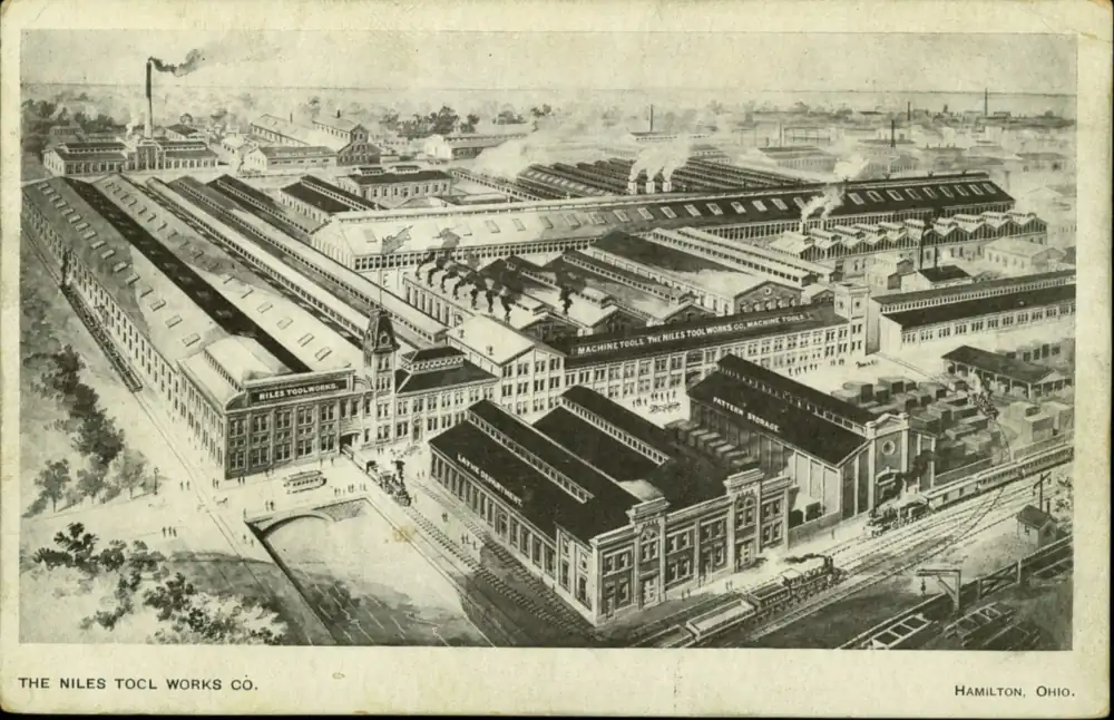 Postcard of the Niles Tool Works factory complex and smokestacks
