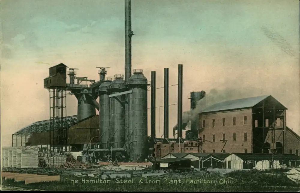 Postcard of the Hamilton Steel and Iron plant with smokestacks
